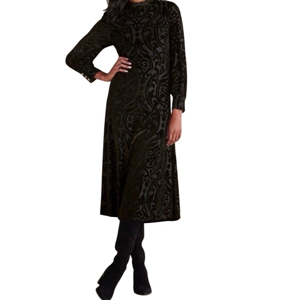 Soft Surroundings Black Velvet Burnout Midi Dress 6P Petite Long Sleeve 3GB11